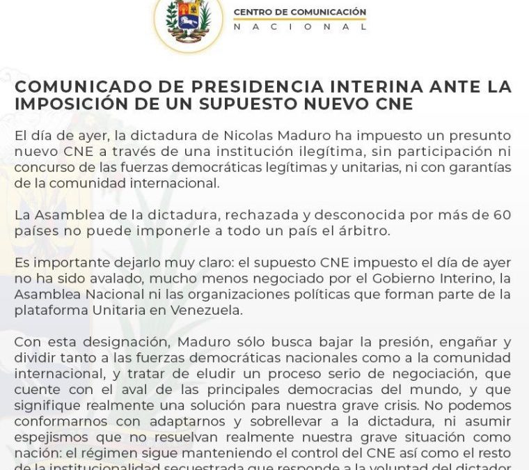 Juan Guaidó asegura que la imposición de un CNE lo que persigue es dividir (comunicado)
